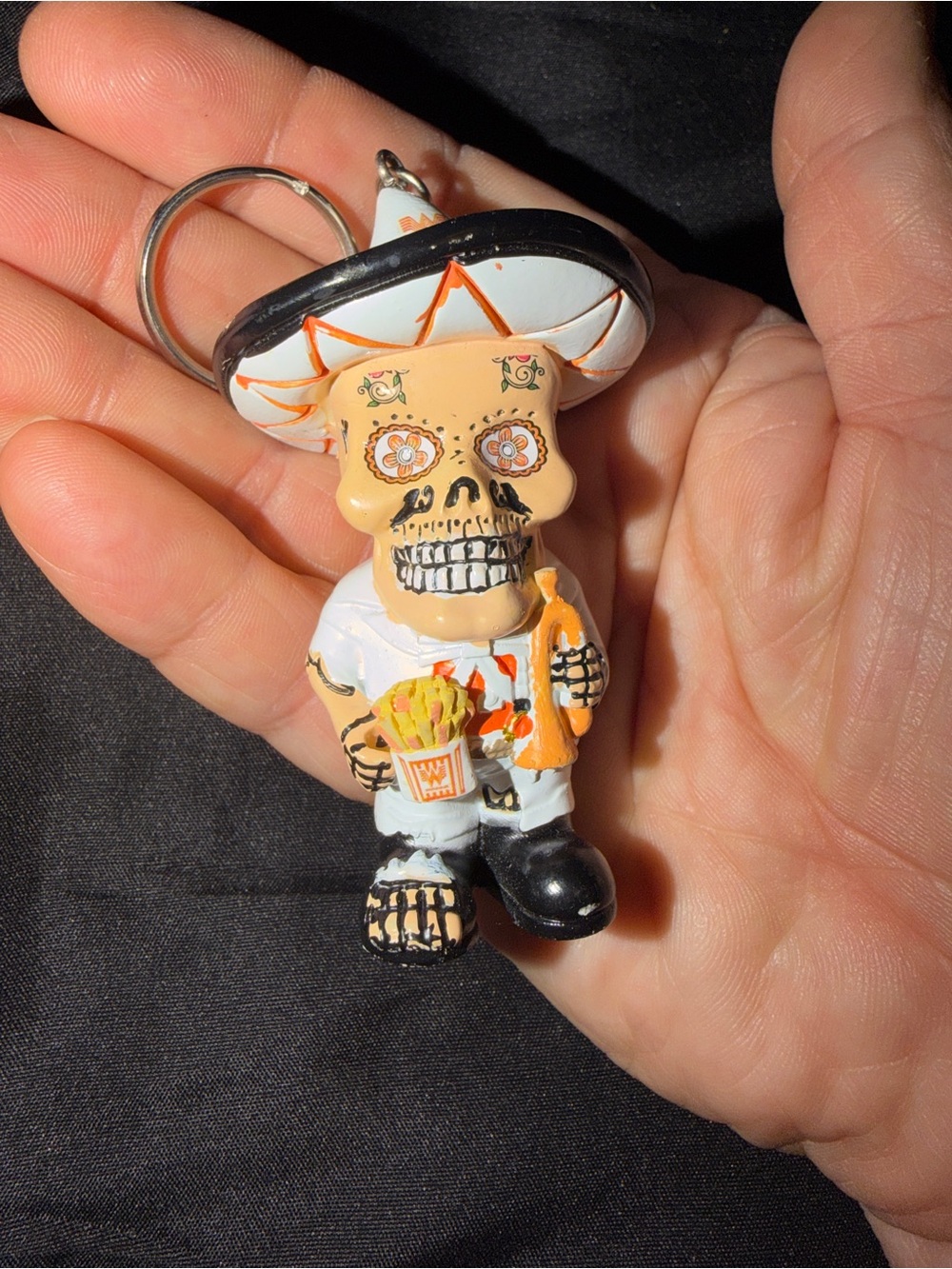 Day of the Dead Sombrero Skull Whataburger Keychain - White, Black & Orange‎